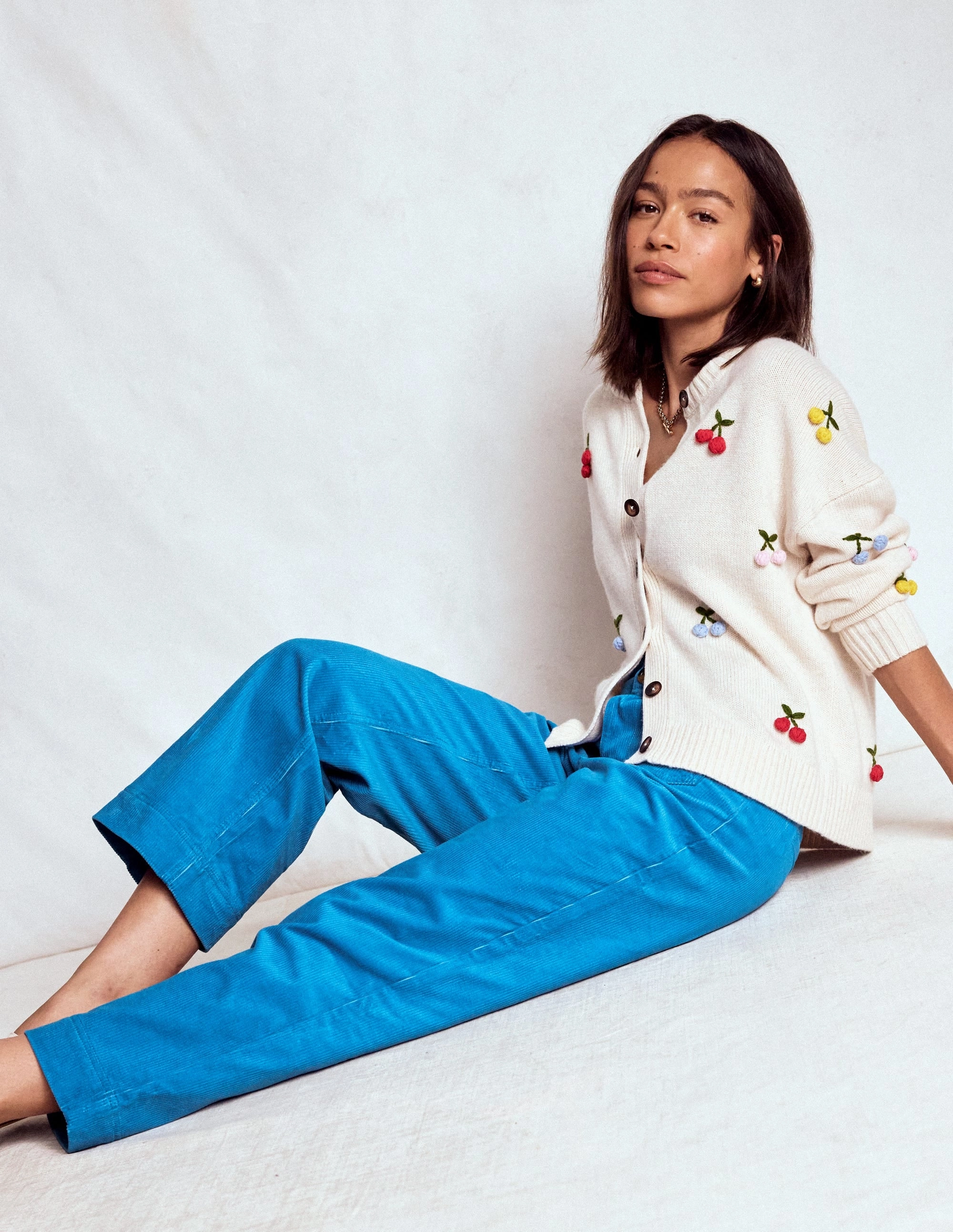 Primrose Cord Trousers-Bright Blue Fitted waist