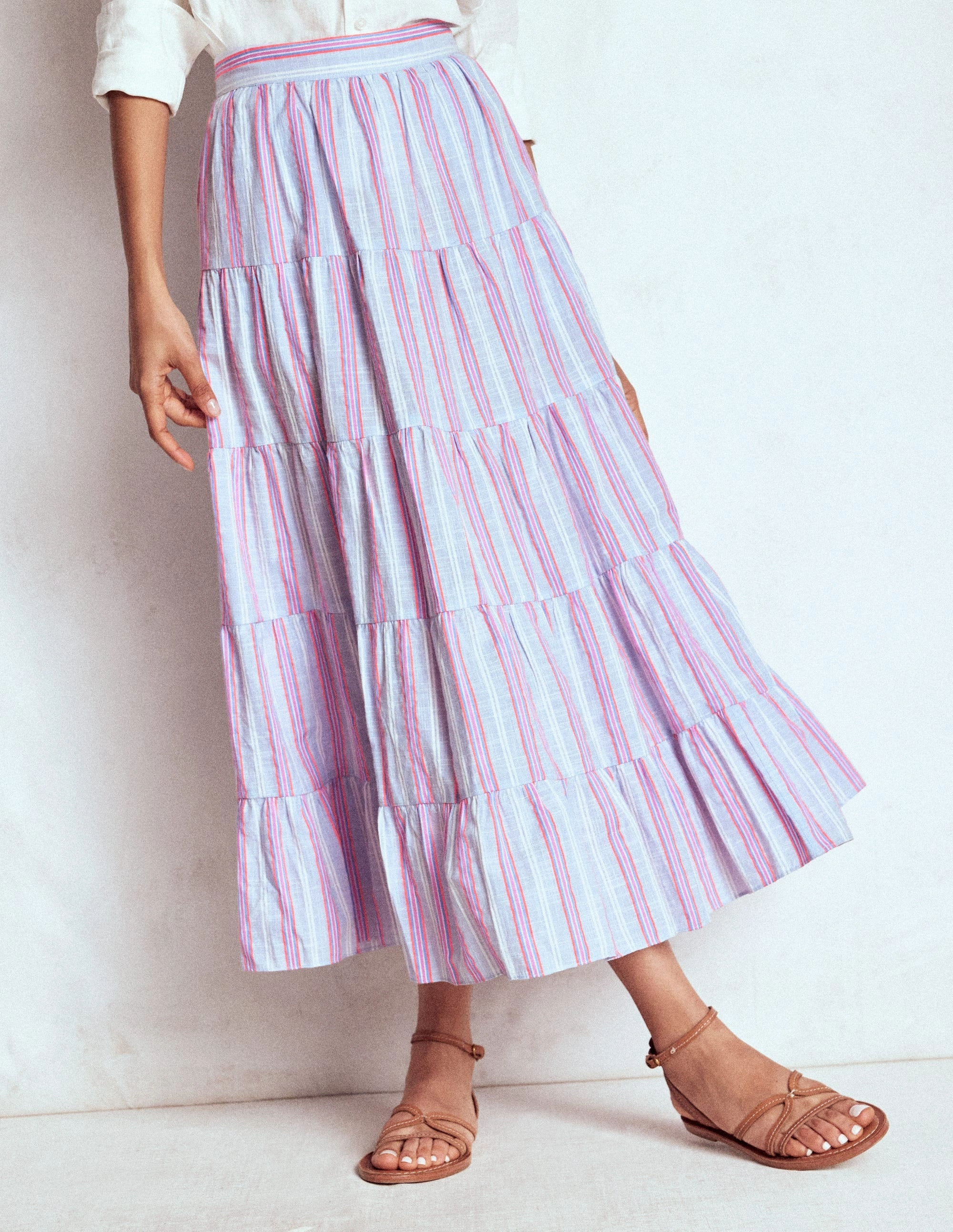 Tiered Poplin Midi Skirt-Metallic Stripe Diagonal Slit