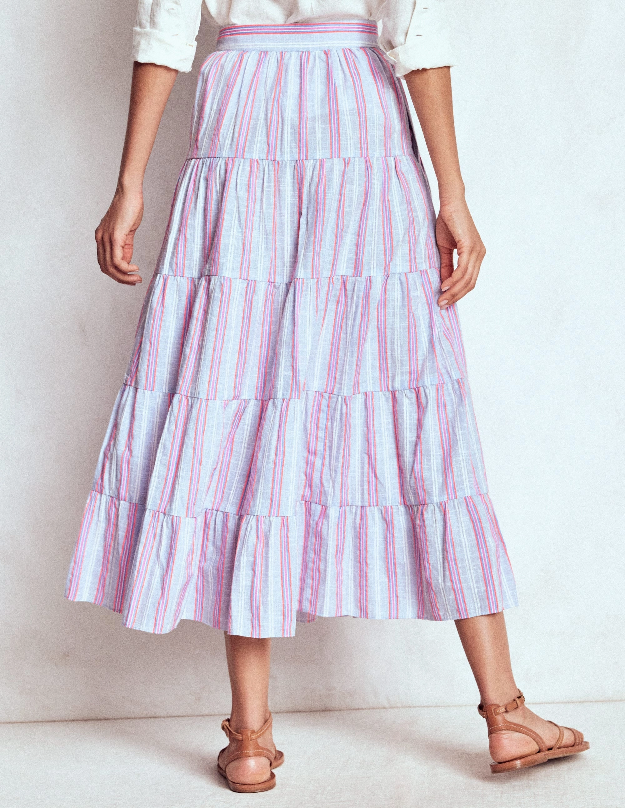 Tiered Poplin Midi Skirt-Metallic Stripe Chic casual