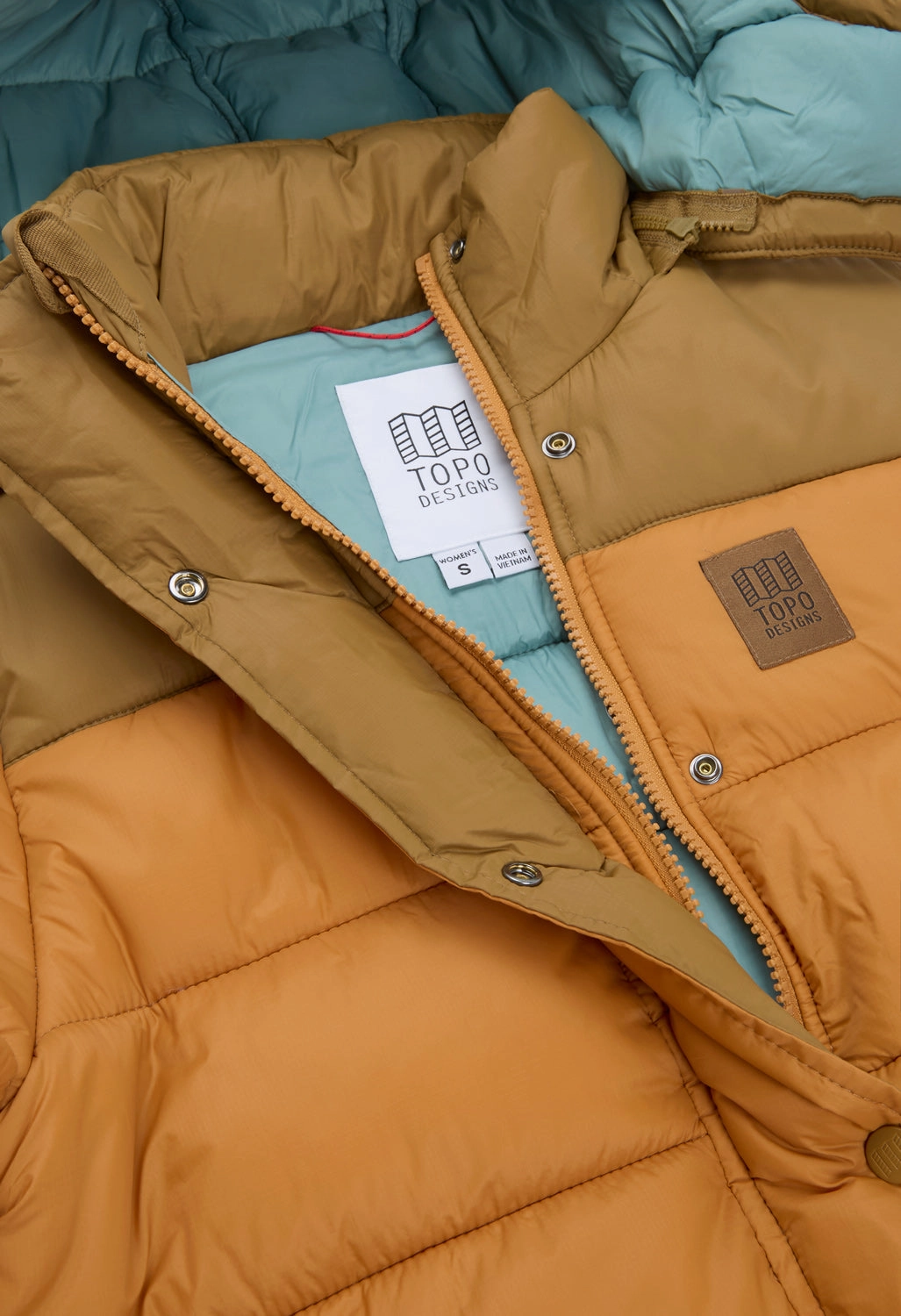 Eco Friendly Fabric Topo Designs Women's Retro Ridge Puffer Jacket - Dark Khaki / Spice