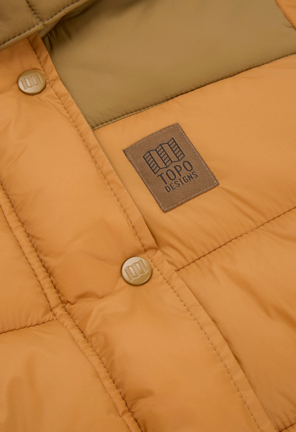 High Neck Topo Designs Women's Retro Ridge Puffer Jacket - Dark Khaki / Spice