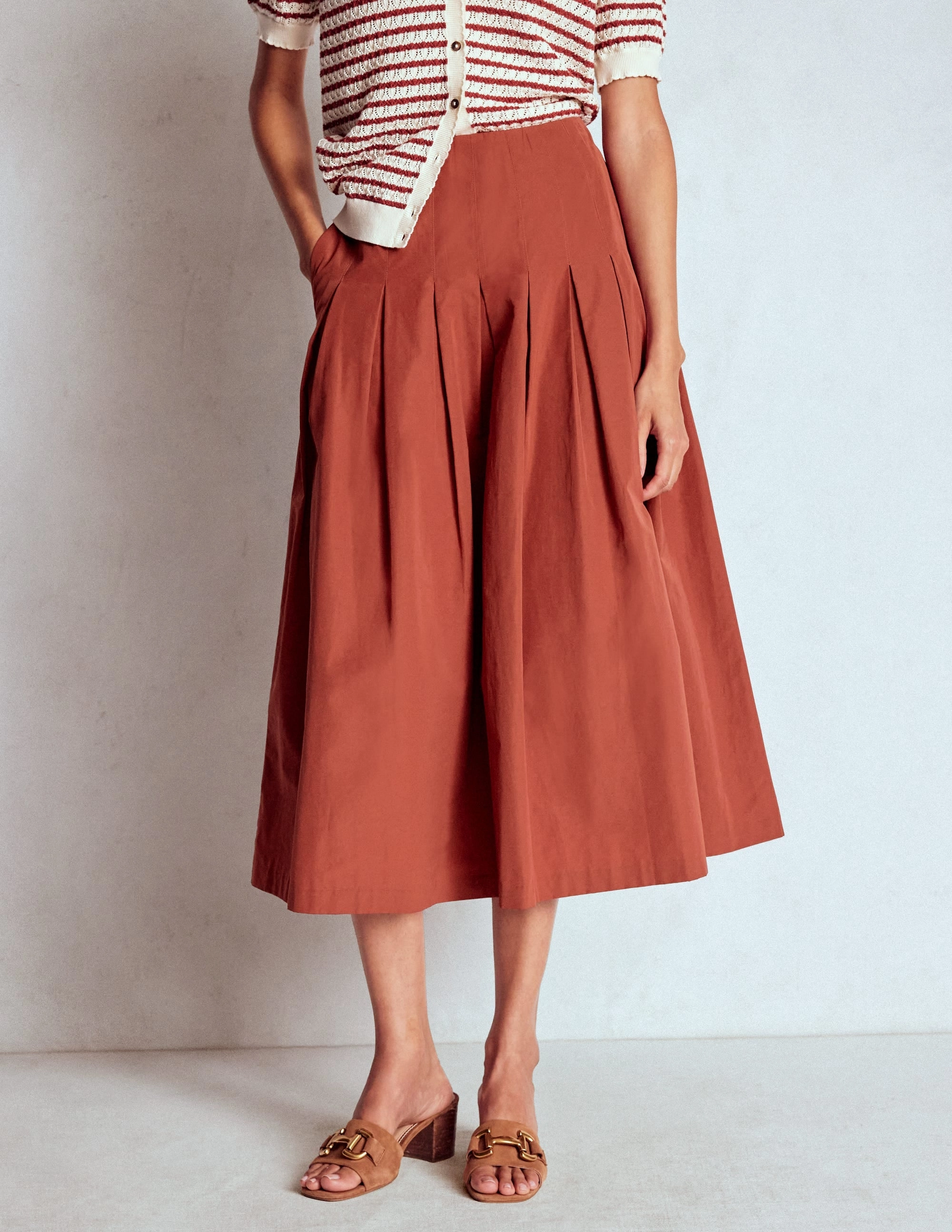 Valentina Taffeta Midi Skirt-Roasted Chestnut Brown Contoured Waist Breathable Lining