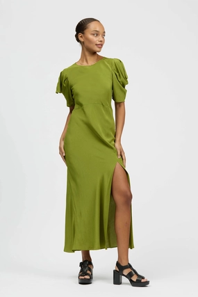 Sheer Layer Silky Form Velora Dress Olive