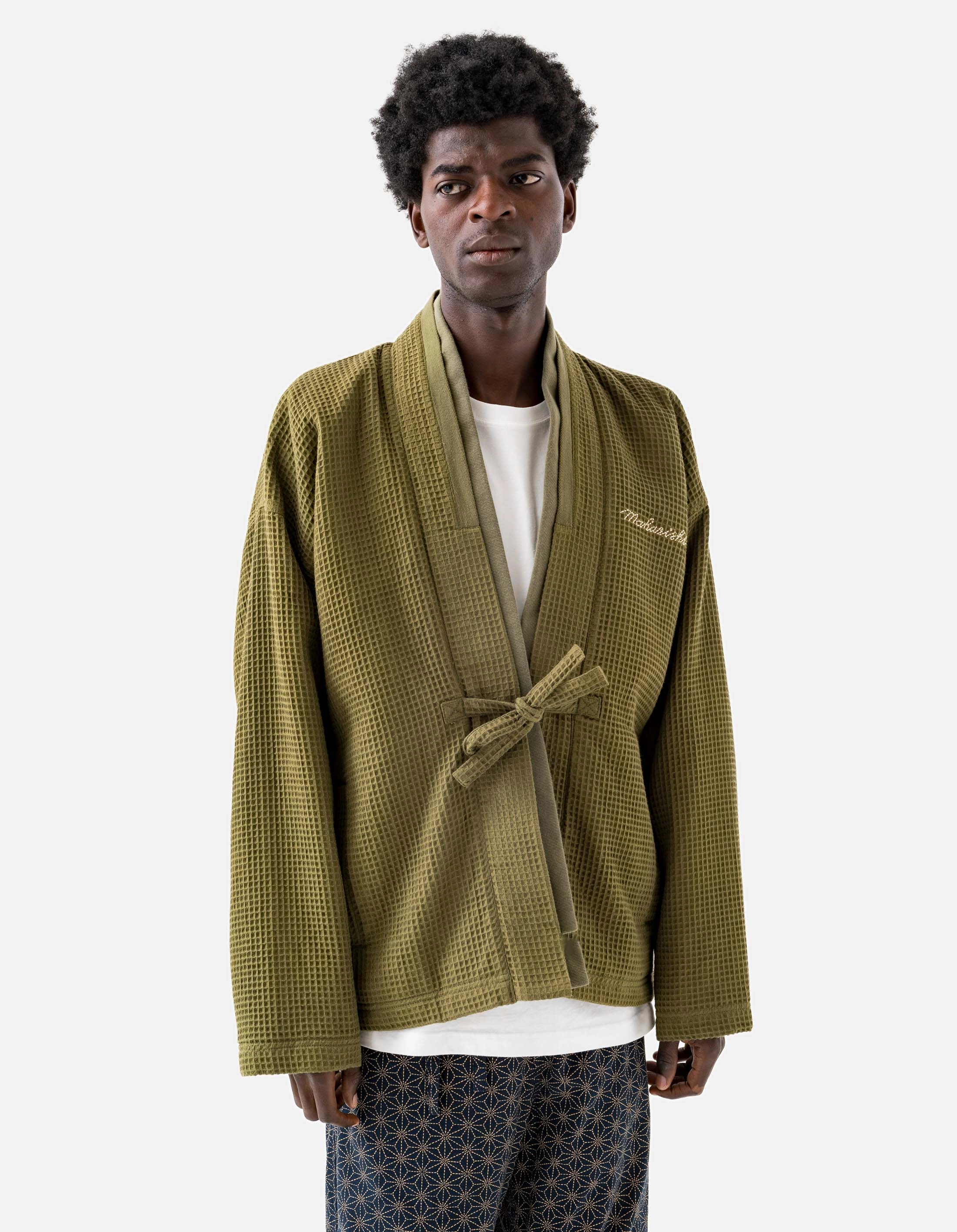6241 Embroidered Waffle Kimono Overshirt Olive OG-107F Quick Release Fasteners Buttery Soft Handfeel