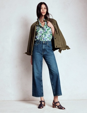 High Rise Straight Crop Jeans-Mid VWash Adjustable Closure Versatile Fashion
