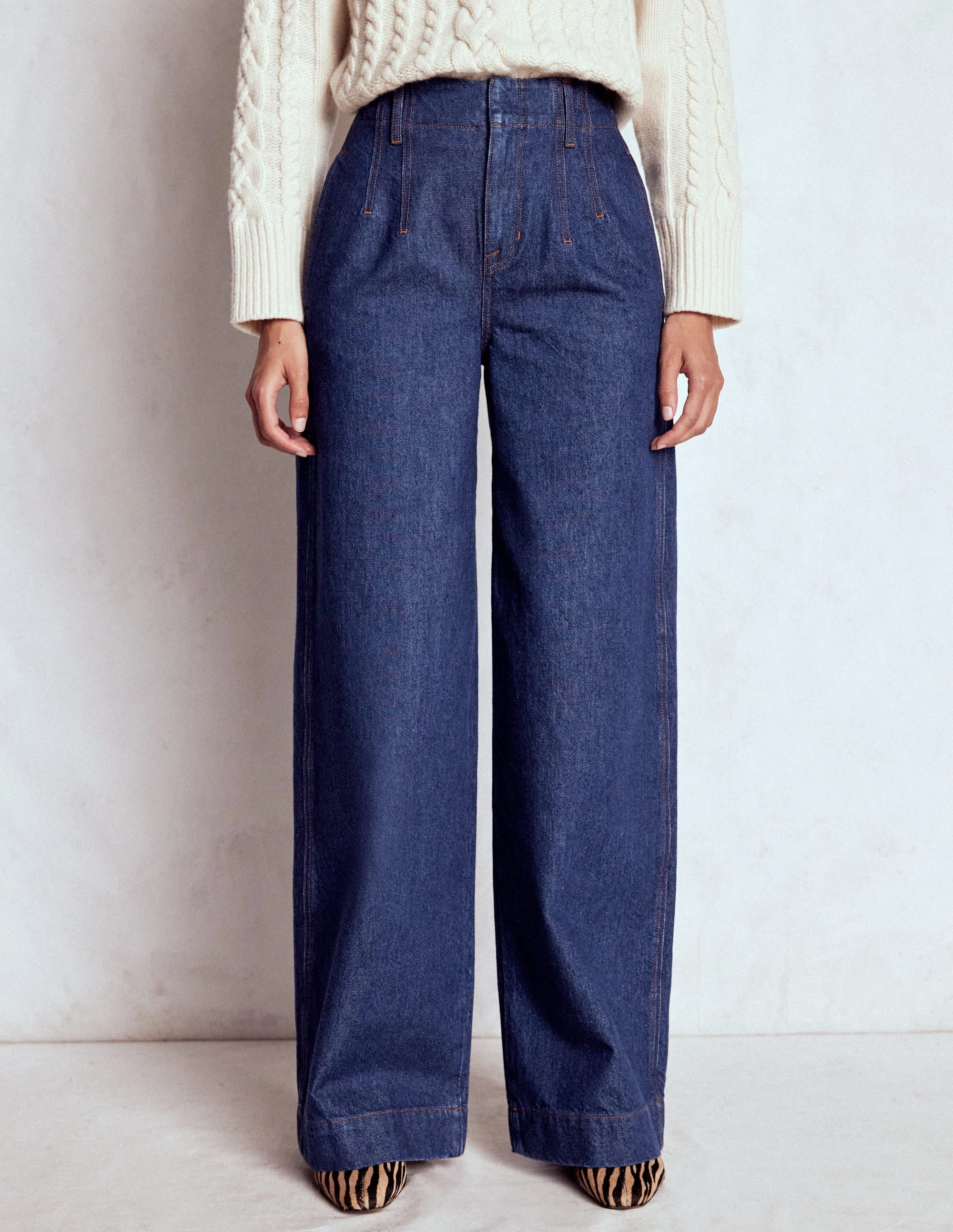 Non Bulk Ultra Soft Stitch Detail Wide Leg Jeans-Indigo